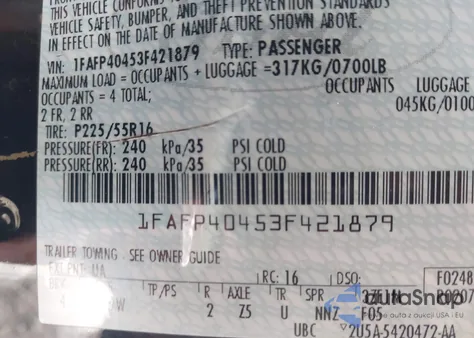 2003 Ford Mustang из США, поврежденный, VIN 1FAFP40453F421879